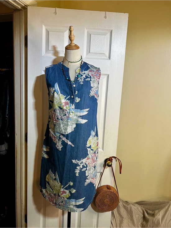 Denim&Co Dresses & Skirts - Denim&Co Wms Blue Cotton Stretch Floral Sleeveless Preppy Casual Summer Dress S
